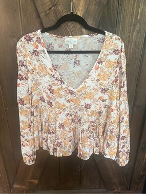 Floral V-Neck Peplum Blouse — White with Mustard & Plum Floral